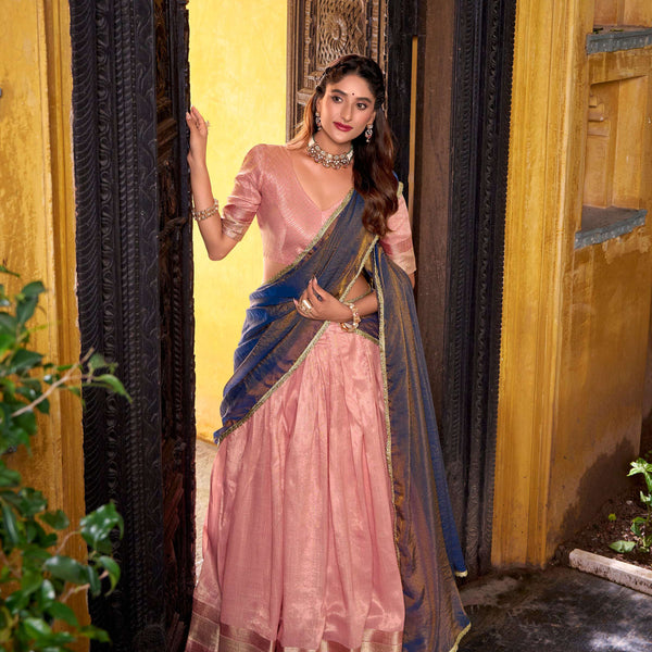 Evanik Traditional Pink Dupion Silk With Zari Weaving Work Fully Stitched Lehenga Choli - Distacart