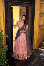 Thumbnail for Evanik Traditional Pink Dupion Silk With Zari Weaving Work Fully Stitched Lehenga Choli - Distacart