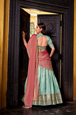 Thumbnail for Evanik Traditional Sky Blue Dupion Silk With Zari Weaving Work Fully Stitched Lehenga Choli - Distacart