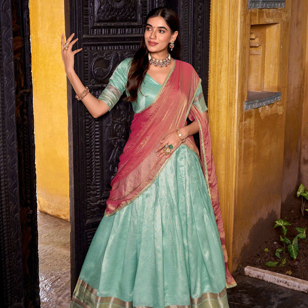 Evanik Traditional Sky Blue Dupion Silk With Zari Weaving Work Fully Stitched Lehenga Choli - Distacart