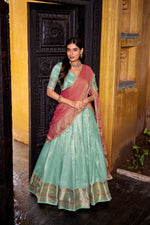 Thumbnail for Evanik Traditional Sky Blue Dupion Silk With Zari Weaving Work Fully Stitched Lehenga Choli - Distacart