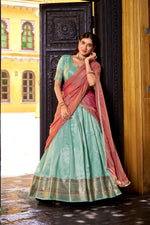Thumbnail for Evanik Traditional Sky Blue Dupion Silk With Zari Weaving Work Fully Stitched Lehenga Choli - Distacart