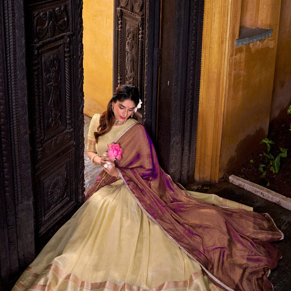 Evanik Traditional Yellow Dupion Silk With Zari Weaving Work Fully Stitched Lehenga Choli - Distacart