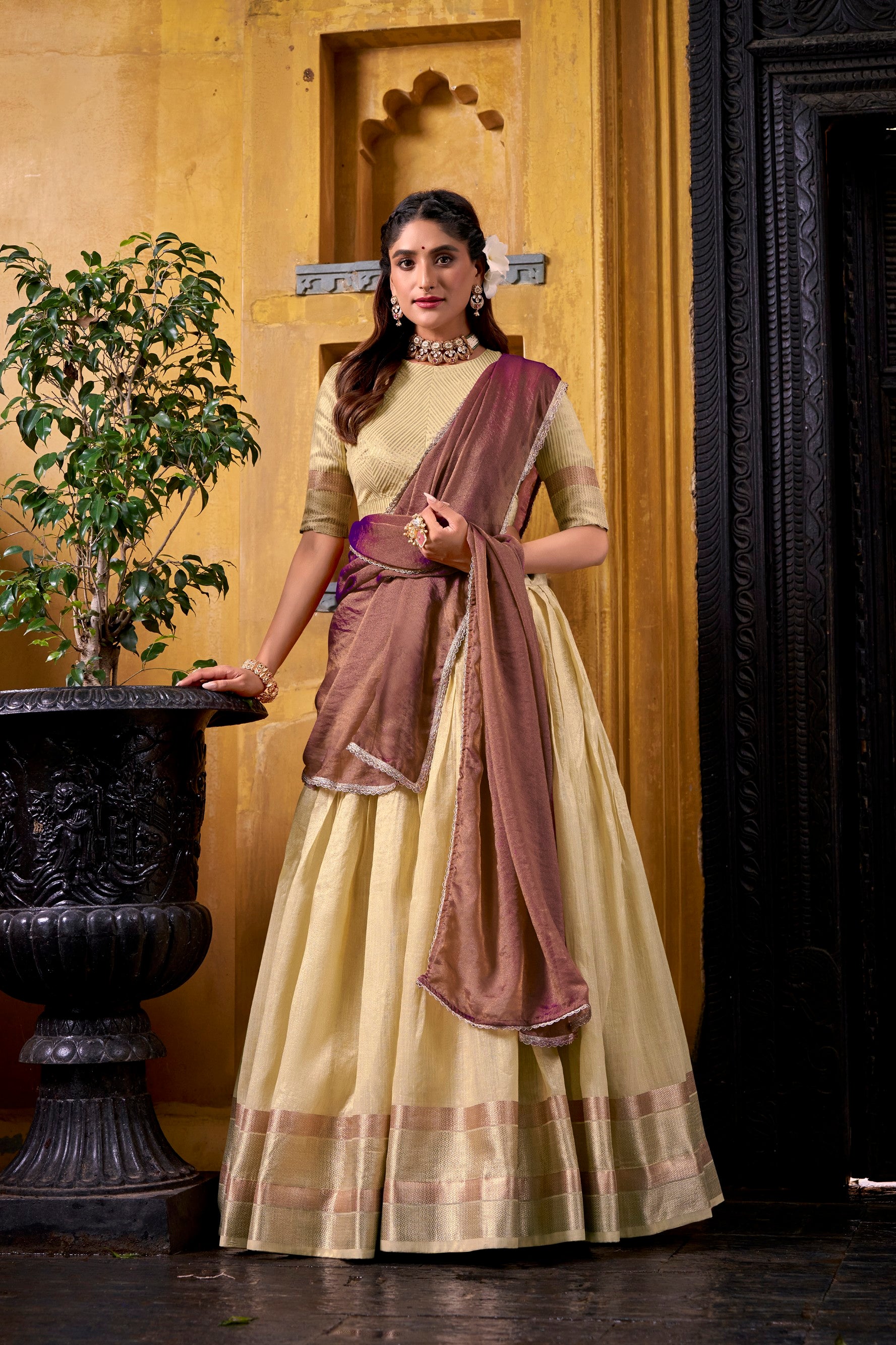 Lorenvalley Fashion Yellow Dupion Silk Zari Weaving Work Lehenga Choli with Dupatta