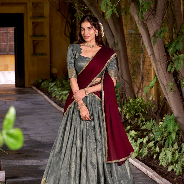 Lorenvalley Fashion Grey Dupion Silk Zari Weaving Work Lehenga Choli with Dupatta