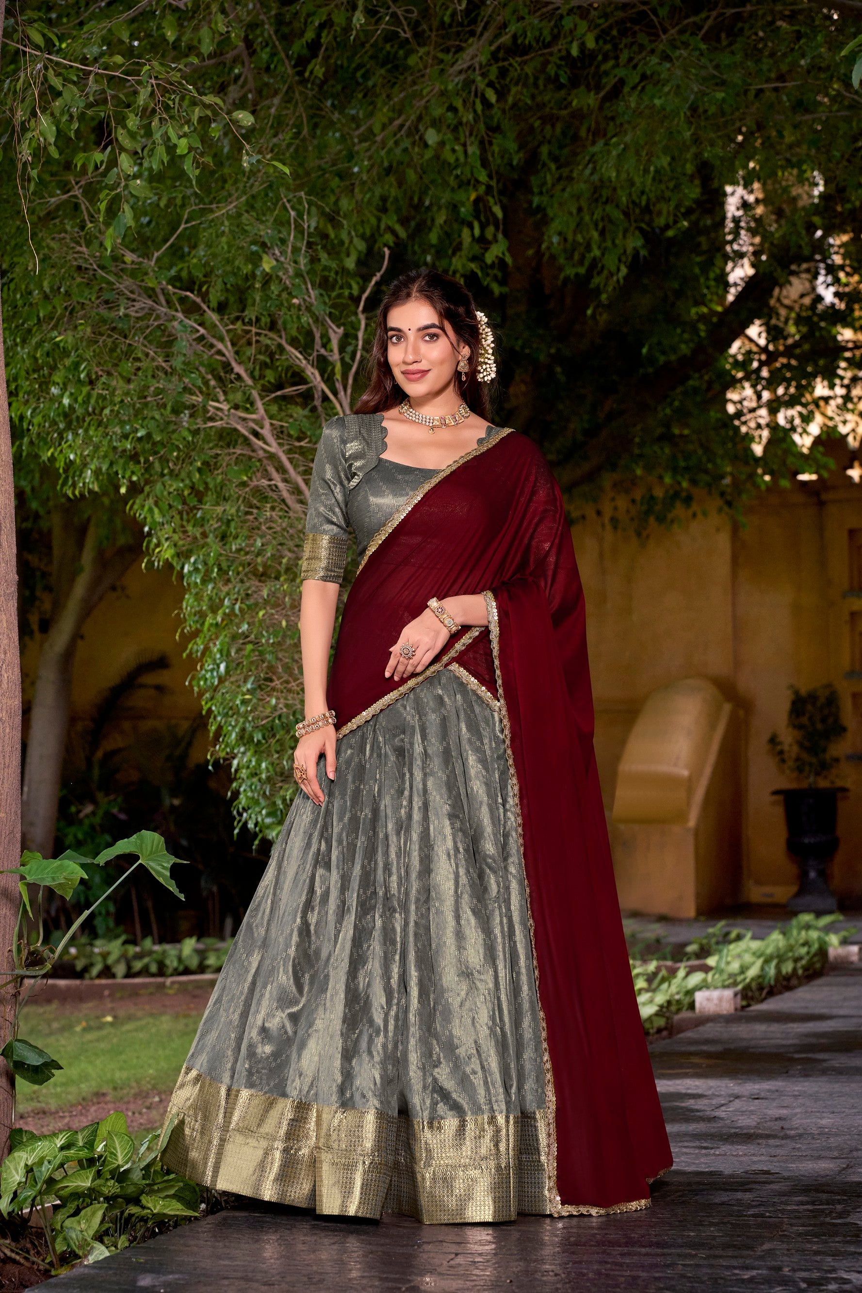 Lorenvalley Fashion Grey Dupion Silk Zari Weaving Work Lehenga Choli with Dupatta