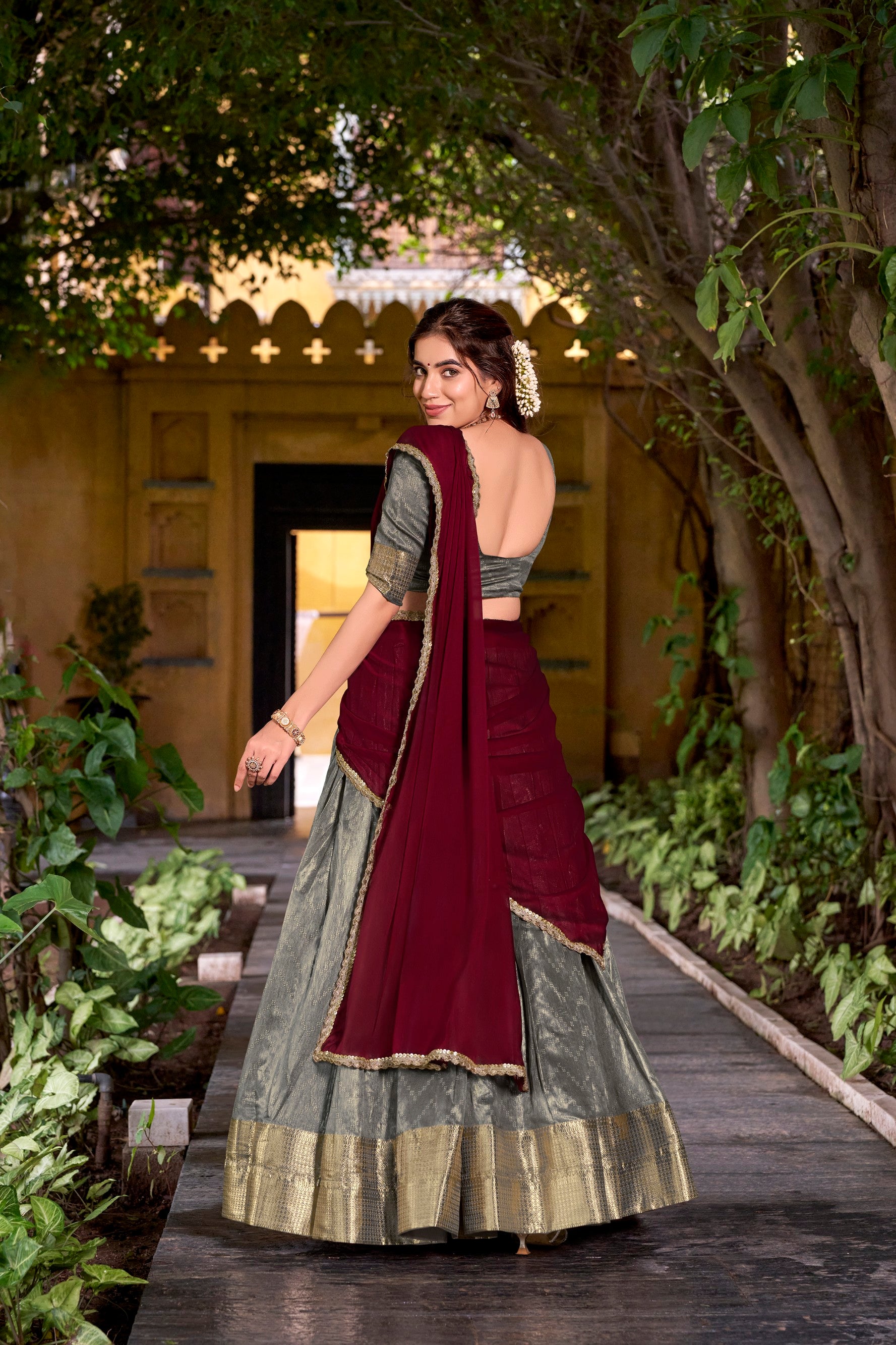 Lorenvalley Fashion Grey Dupion Silk Zari Weaving Work Lehenga Choli with Dupatta