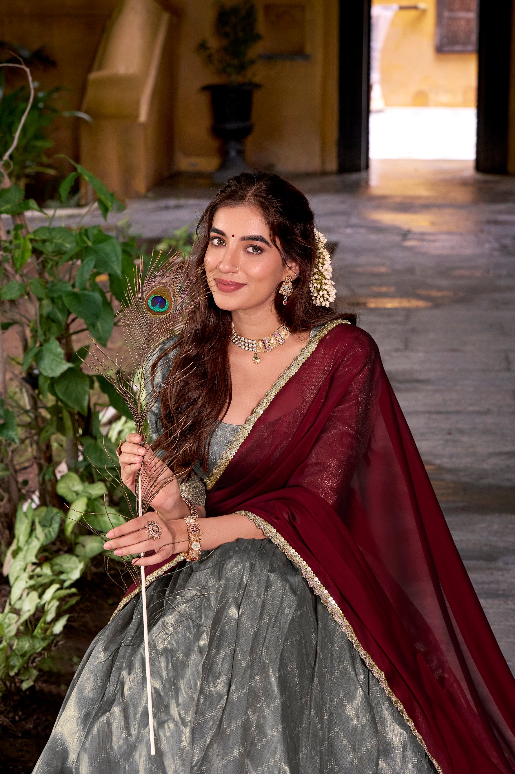 Lorenvalley Fashion Grey Dupion Silk Zari Weaving Work Lehenga Choli with Dupatta