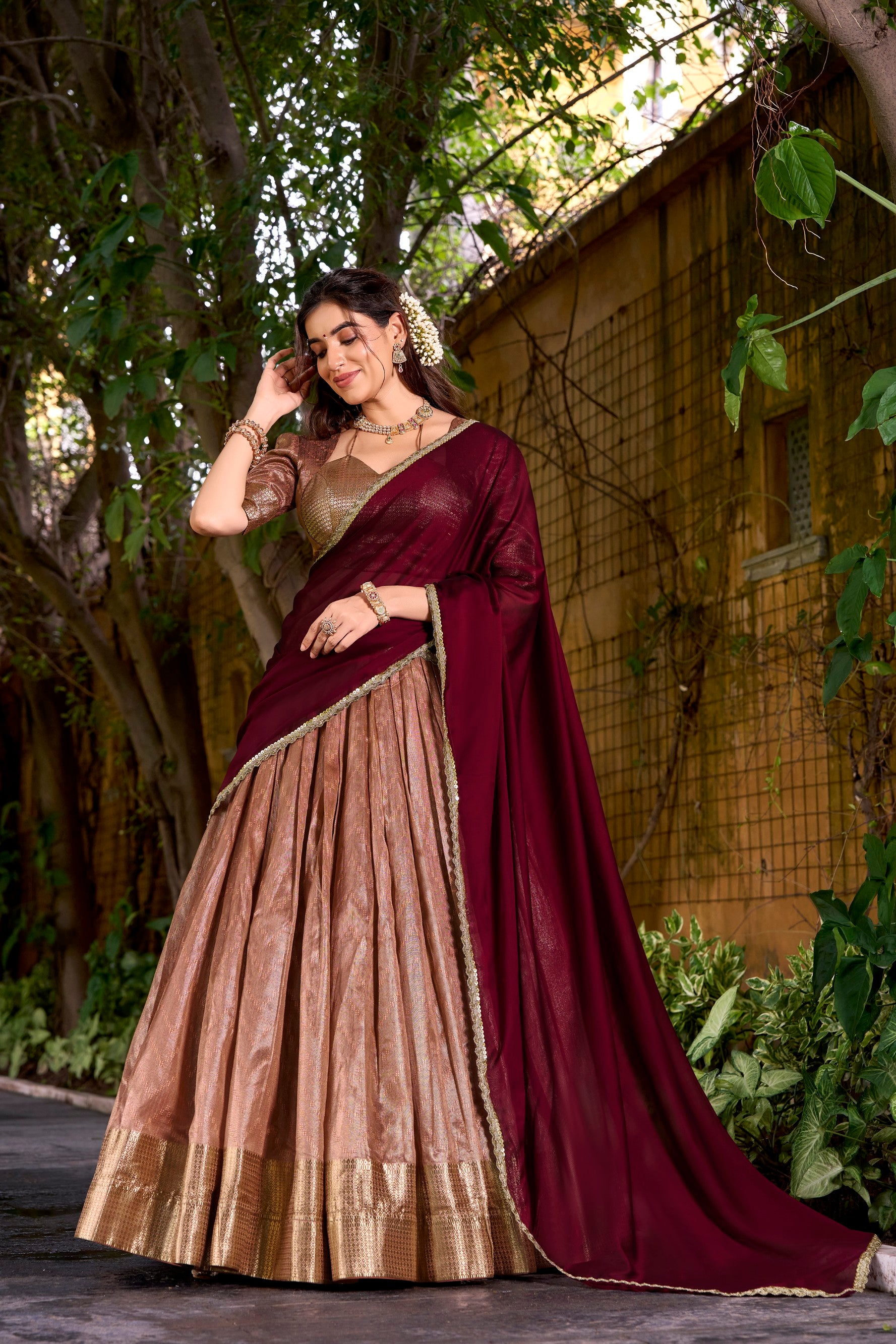 Lorenvalley Fashion Peach Dupion Silk Zari Weaving Work Lehenga Choli with Dupatta