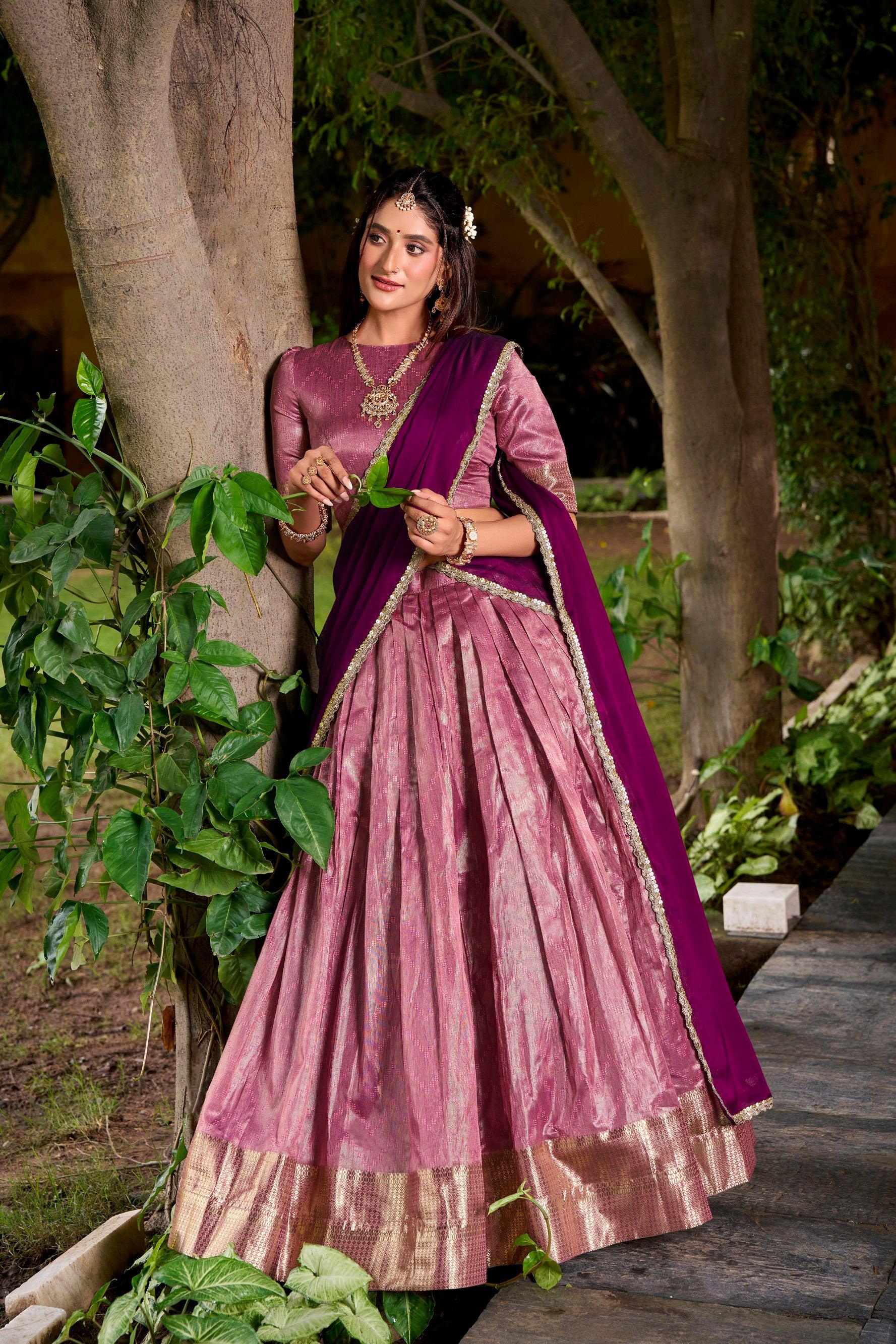 Lorenvalley Fashion Pink Dupion Silk Zari Weaving Work Lehenga Choli with Dupatta