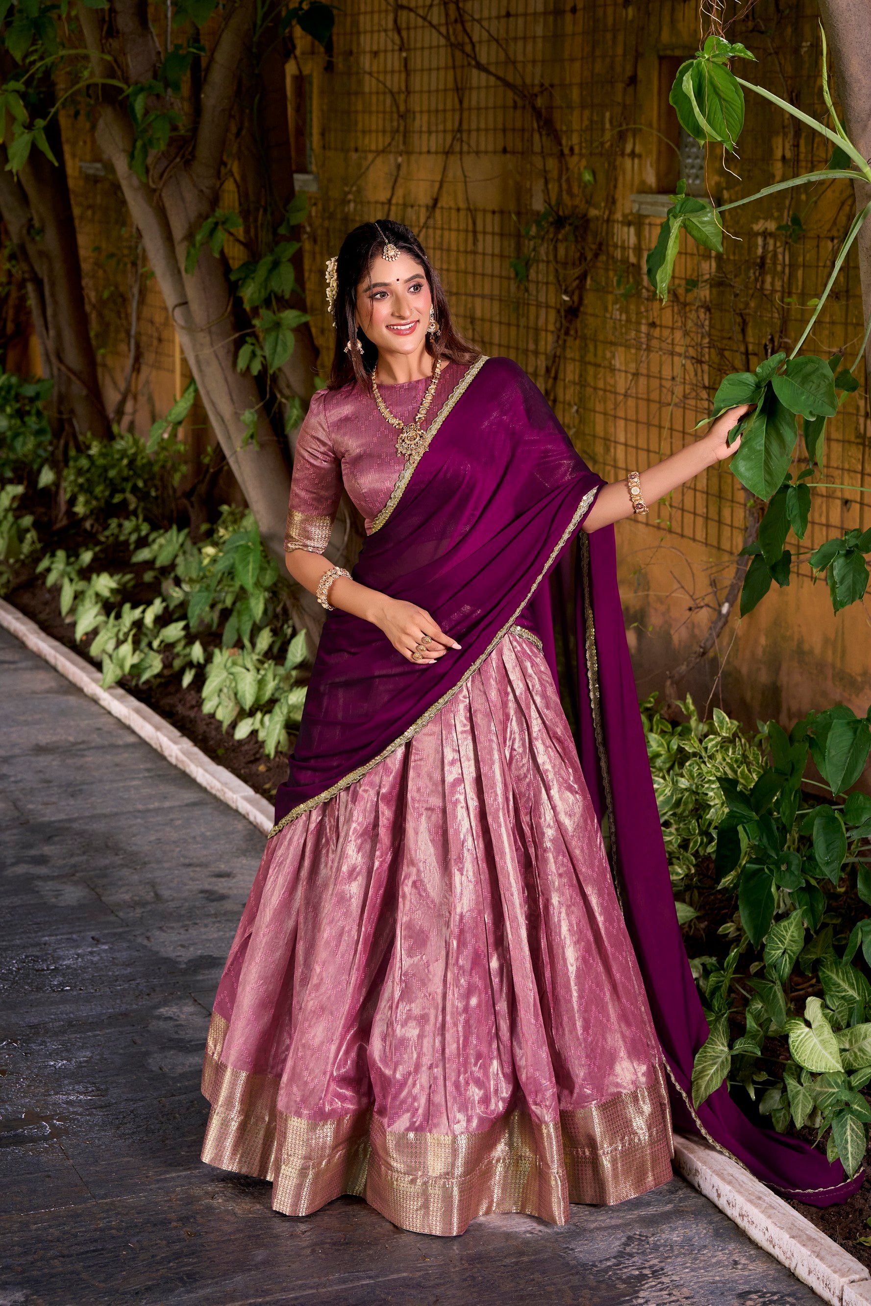 Lorenvalley Fashion Pink Dupion Silk Zari Weaving Work Lehenga Choli with Dupatta