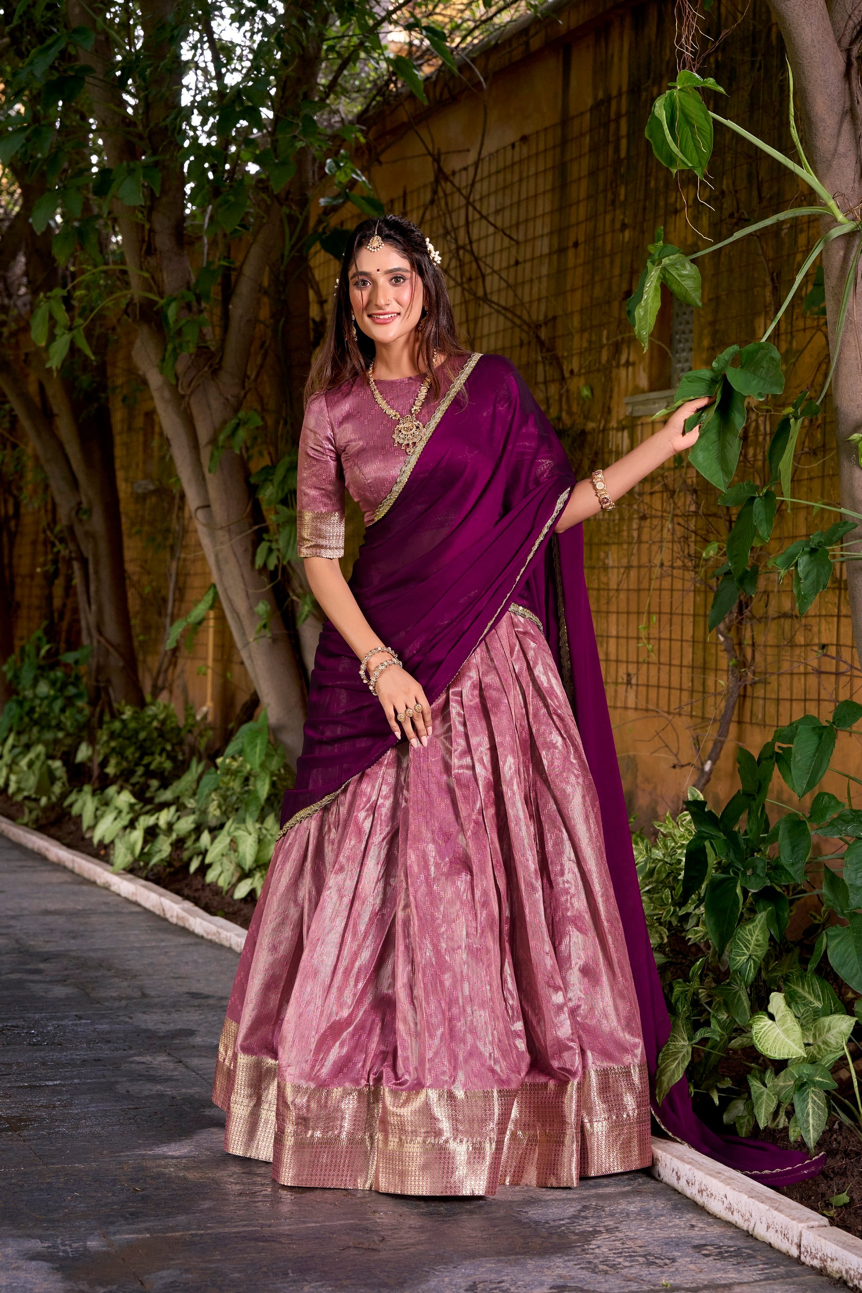 Lorenvalley Fashion Pink Dupion Silk Zari Weaving Work Lehenga Choli with Dupatta