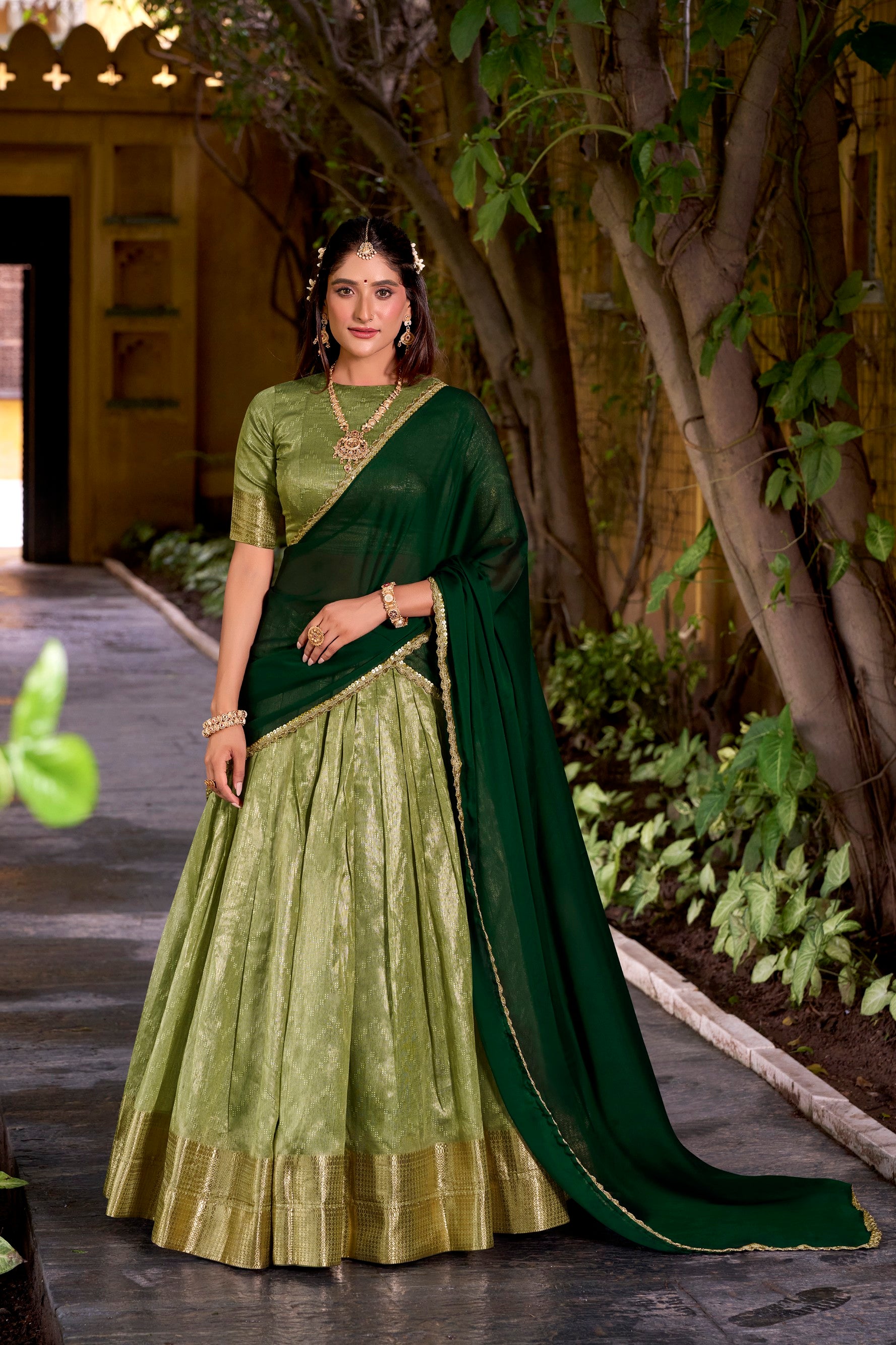 Lorenvalley Fashion Pista Dupion Silk Zari Weaving Work Lehenga Choli with Dupatta