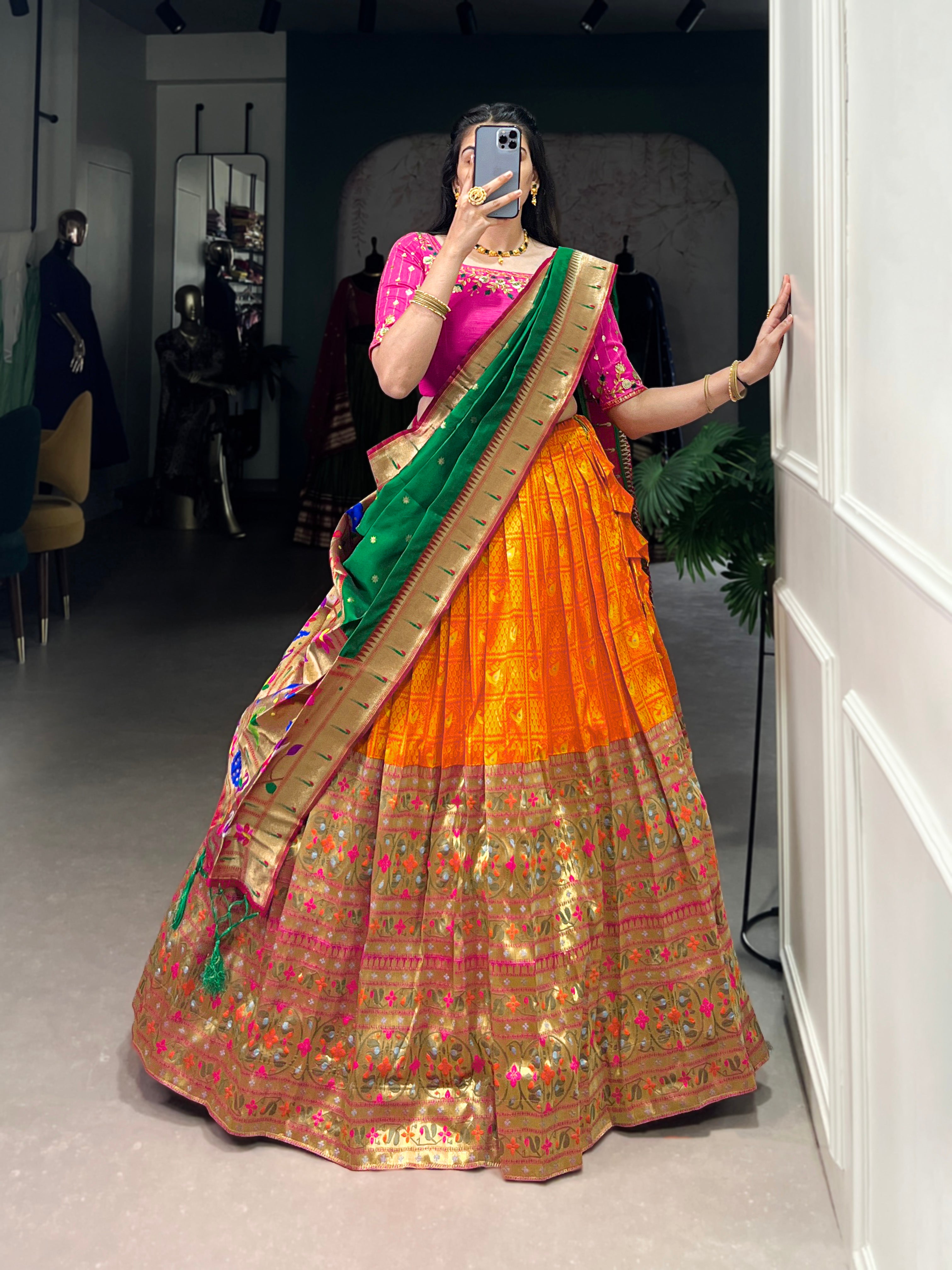 Lorenvalley Orange Jacquard Silk Paithani Zari Weaving Work Lehenga Choli with Dupatta - Distacart