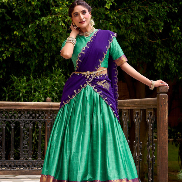 Evanik Traditional Bottle Green Poly Cotton Half Saree With Zari Weaving Work Lehenga Choli - Distacart