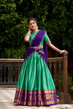 Thumbnail for Evanik Traditional Bottle Green Poly Cotton Half Saree With Zari Weaving Work Lehenga Choli - Distacart