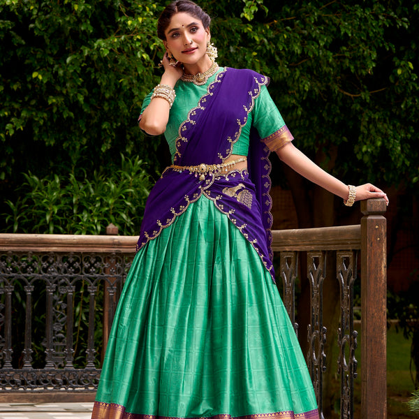 Lorenvalley Fashion Green Poly Cotton Zari Weaving Work Lehenga Choli with Dupatta - Distacart