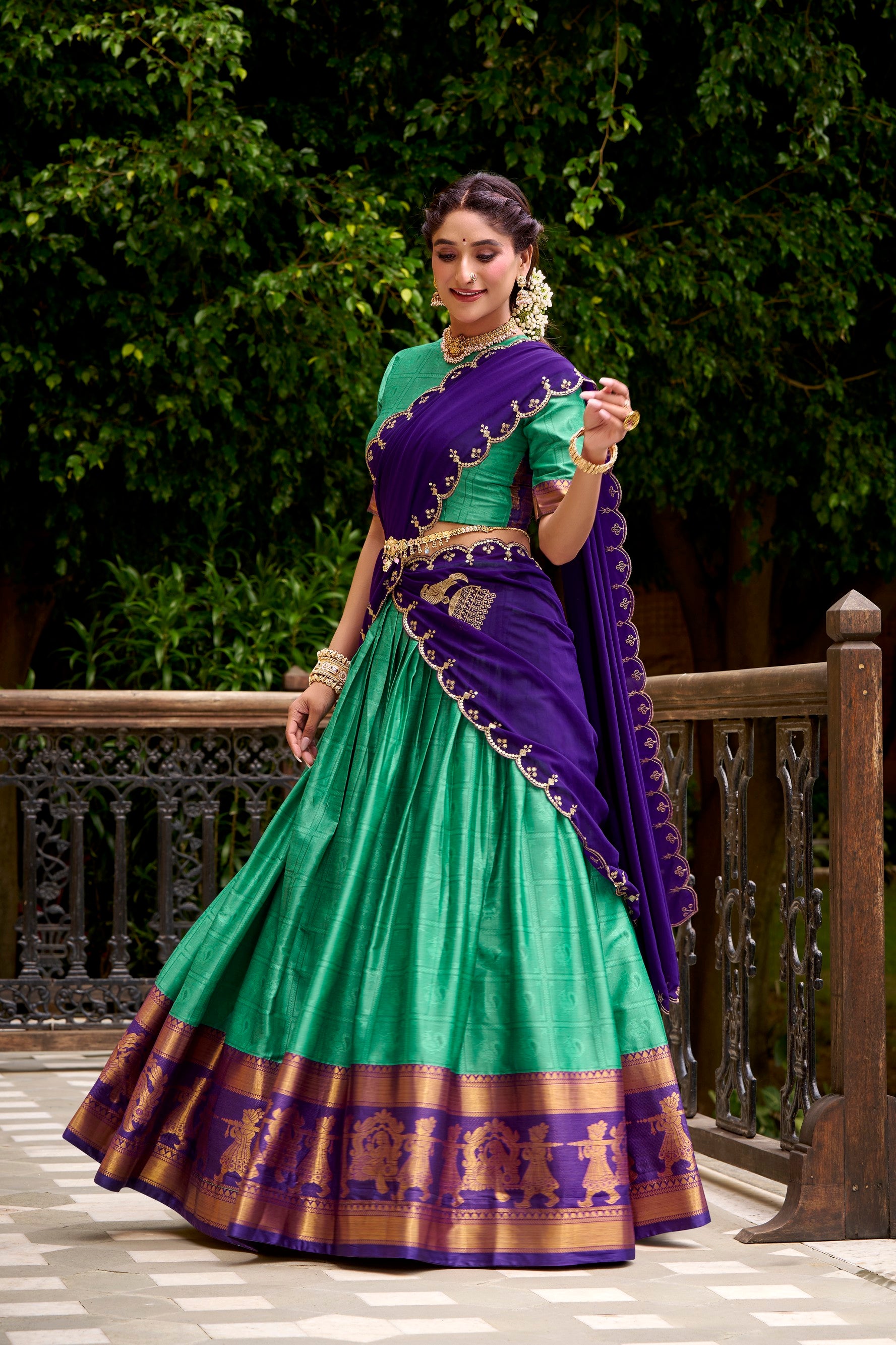 Lorenvalley Fashion Green Poly Cotton Zari Weaving Work Lehenga Choli with Dupatta