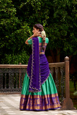 Thumbnail for Lorenvalley Fashion Green Poly Cotton Zari Weaving Work Lehenga Choli with Dupatta