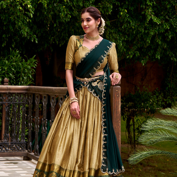 Lorenvalley Fashion Cream Poly Cotton Zari Weaving Work Lehenga Choli with Dupatta - Distacart