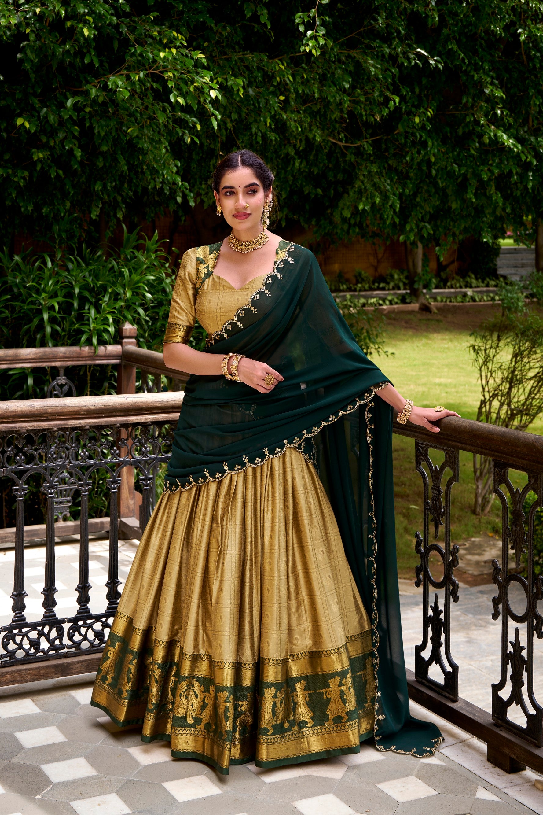 Lorenvalley Fashion Cream Poly Cotton Zari Weaving Work Lehenga Choli with Dupatta
