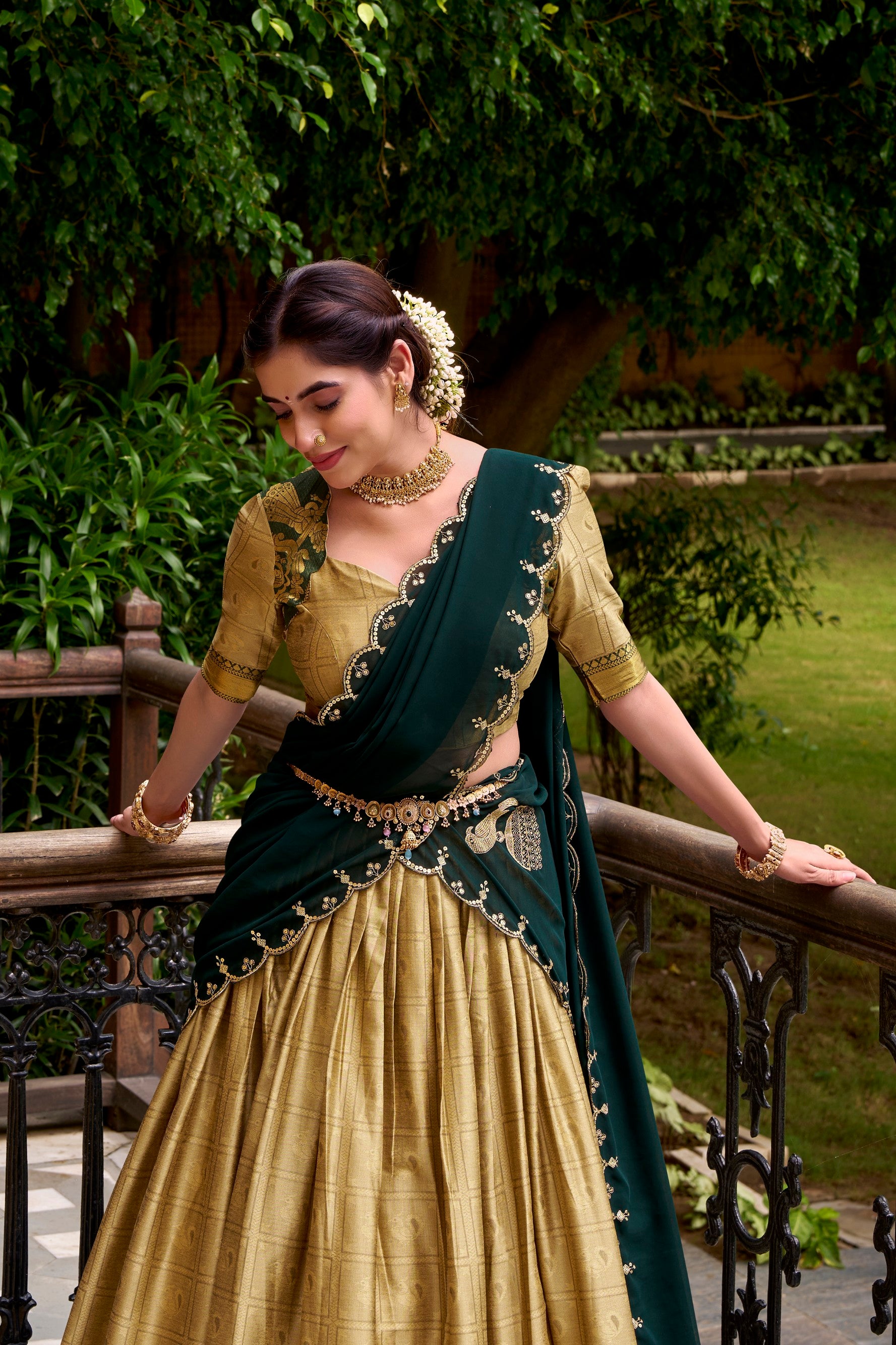 Lorenvalley Fashion Cream Poly Cotton Zari Weaving Work Lehenga Choli with Dupatta