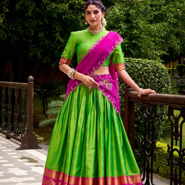 Evanik Traditional Parrot Poly Cotton Half Saree With Zari Weaving Work Lehenga Choli - Distacart
