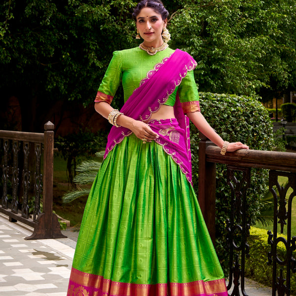 Lorenvalley Fashion Parrot Green Poly Cotton Zari Weaving Work Lehenga Choli with Dupatta - Distacart