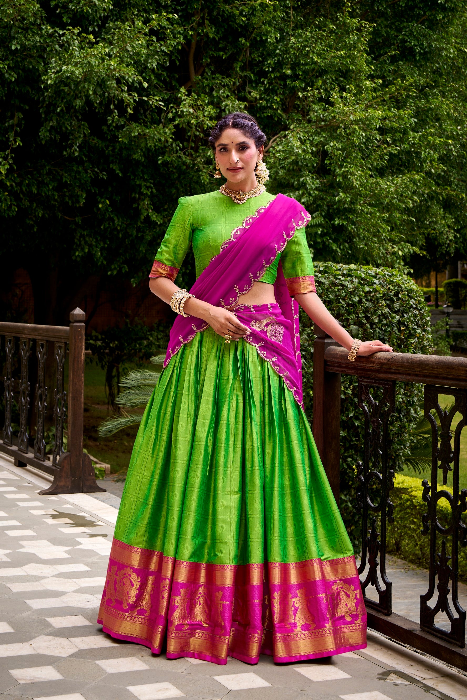 Lorenvalley Fashion Parrot Green Poly Cotton Zari Weaving Work Lehenga Choli with Dupatta