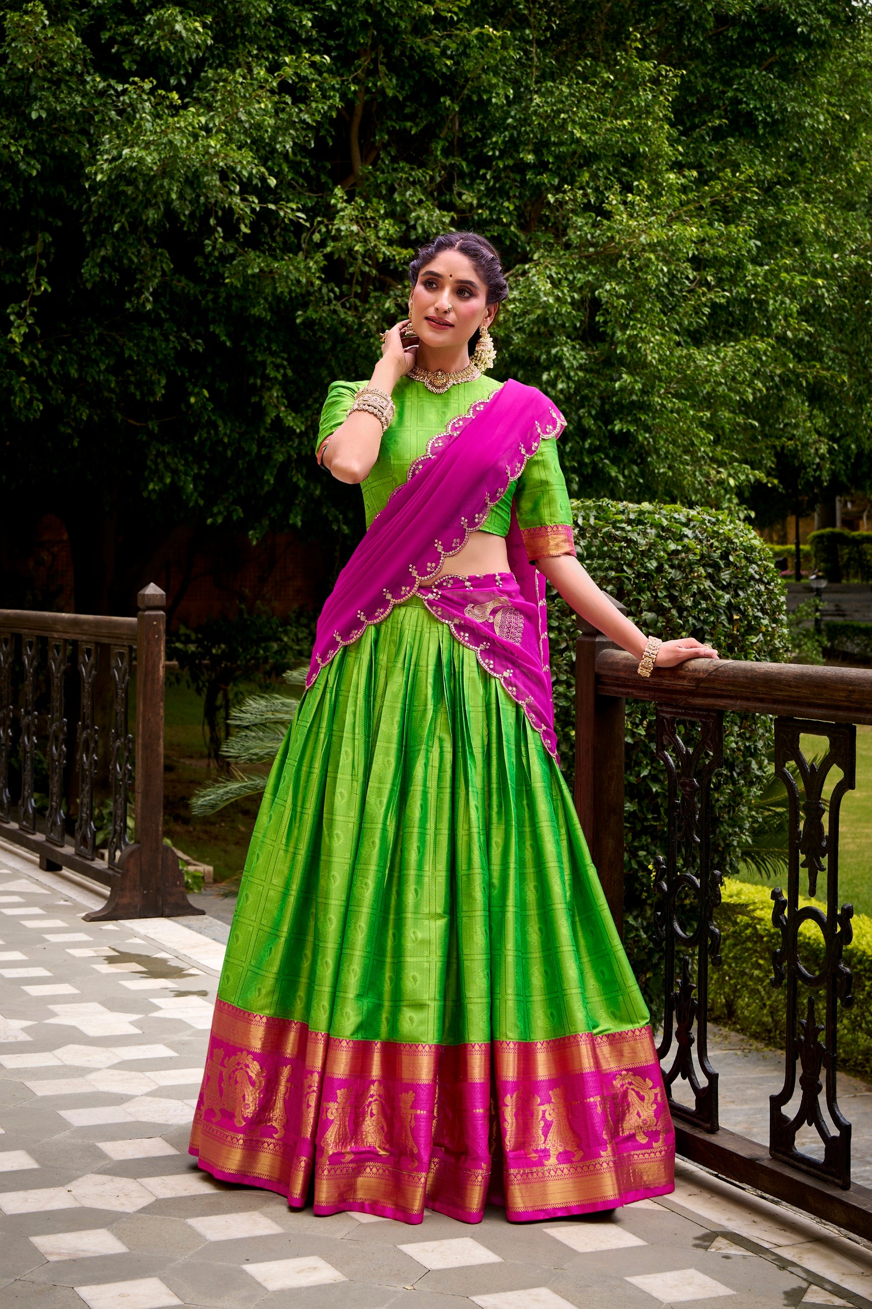 Lorenvalley Fashion Parrot Green Poly Cotton Zari Weaving Work Lehenga Choli with Dupatta