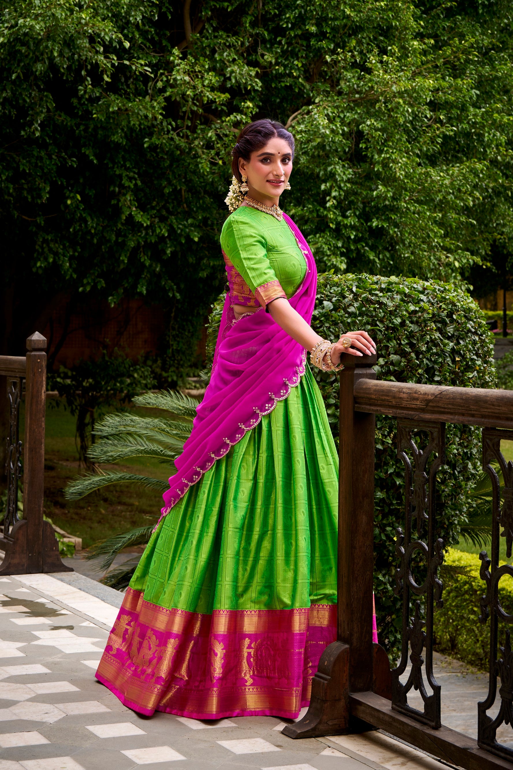 Lorenvalley Fashion Parrot Green Poly Cotton Zari Weaving Work Lehenga Choli with Dupatta