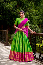 Thumbnail for Lorenvalley Fashion Parrot Green Poly Cotton Zari Weaving Work Lehenga Choli with Dupatta