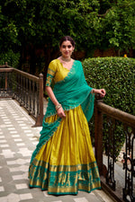 Thumbnail for Evanik Traditional Yellow Poly Cotton Half Saree With Zari Weaving Work Lehenga Choli - Distacart