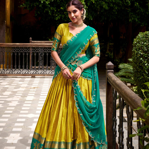 Evanik Traditional Yellow Poly Cotton Half Saree With Zari Weaving Work Lehenga Choli - Distacart