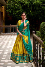 Thumbnail for Evanik Traditional Yellow Poly Cotton Half Saree With Zari Weaving Work Lehenga Choli - Distacart