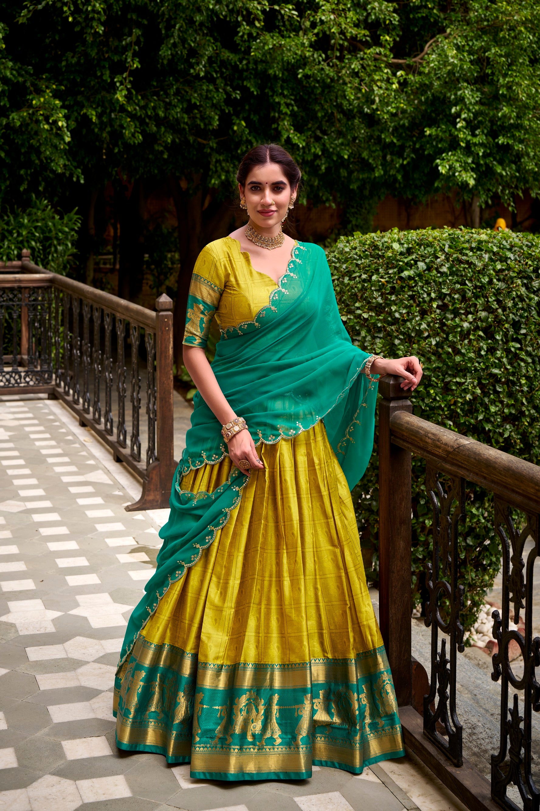 Lorenvalley Fashion Yellow Poly Cotton Zari Weaving Work Lehenga Choli with Dupatta