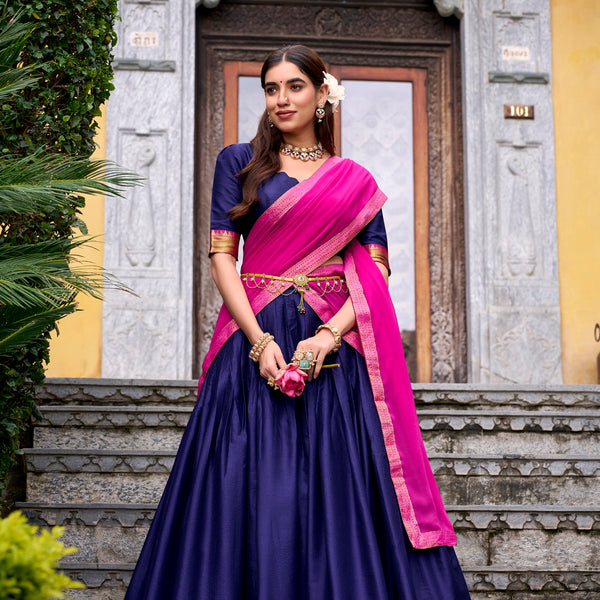 Lorenvalley Fashion Navyblue Poly Cotton Zari Weaving Work Lehenga Choli with Dupatta