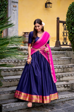 Thumbnail for Lorenvalley Fashion Navyblue Poly Cotton Zari Weaving Work Lehenga Choli with Dupatta
