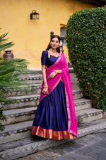 Thumbnail for Lorenvalley Fashion Navyblue Poly Cotton Zari Weaving Work Lehenga Choli with Dupatta