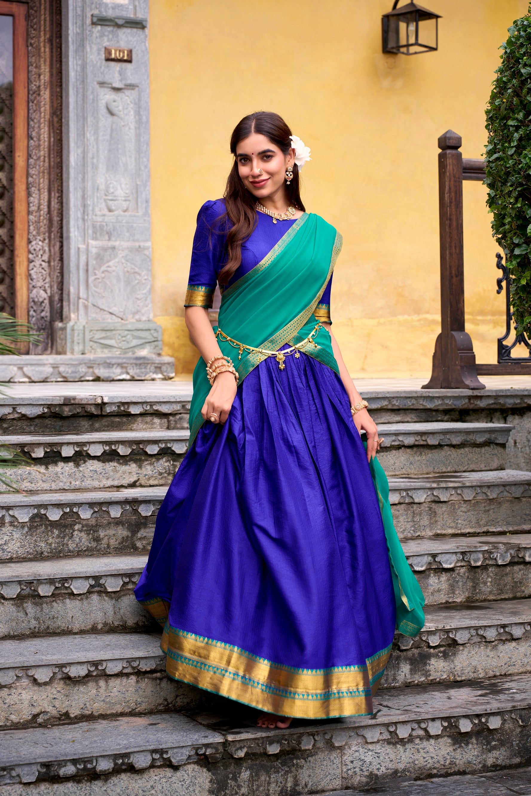 Lorenvalley Fashion Royalblue Poly Cotton Zari Weaving Work Lehenga Choli with Dupatta