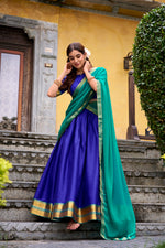 Thumbnail for Lorenvalley Fashion Royalblue Poly Cotton Zari Weaving Work Lehenga Choli with Dupatta