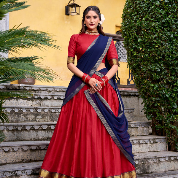 Lorenvalley Fashion Red Poly Cotton Zari Weaving Work Lehenga Choli with Dupatta