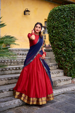 Thumbnail for Lorenvalley Fashion Red Poly Cotton Zari Weaving Work Lehenga Choli with Dupatta