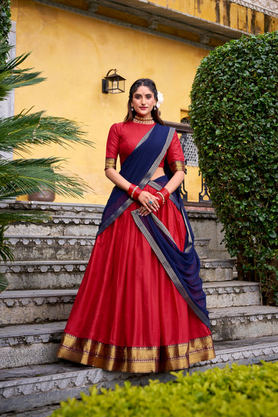 Lorenvalley Fashion Red Poly Cotton Zari Weaving Work Lehenga Choli with Dupatta