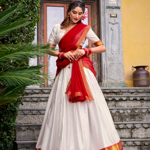 Lorenvalley Fashion White Poly Cotton Zari Weaving Work Lehenga Choli with Dupatta