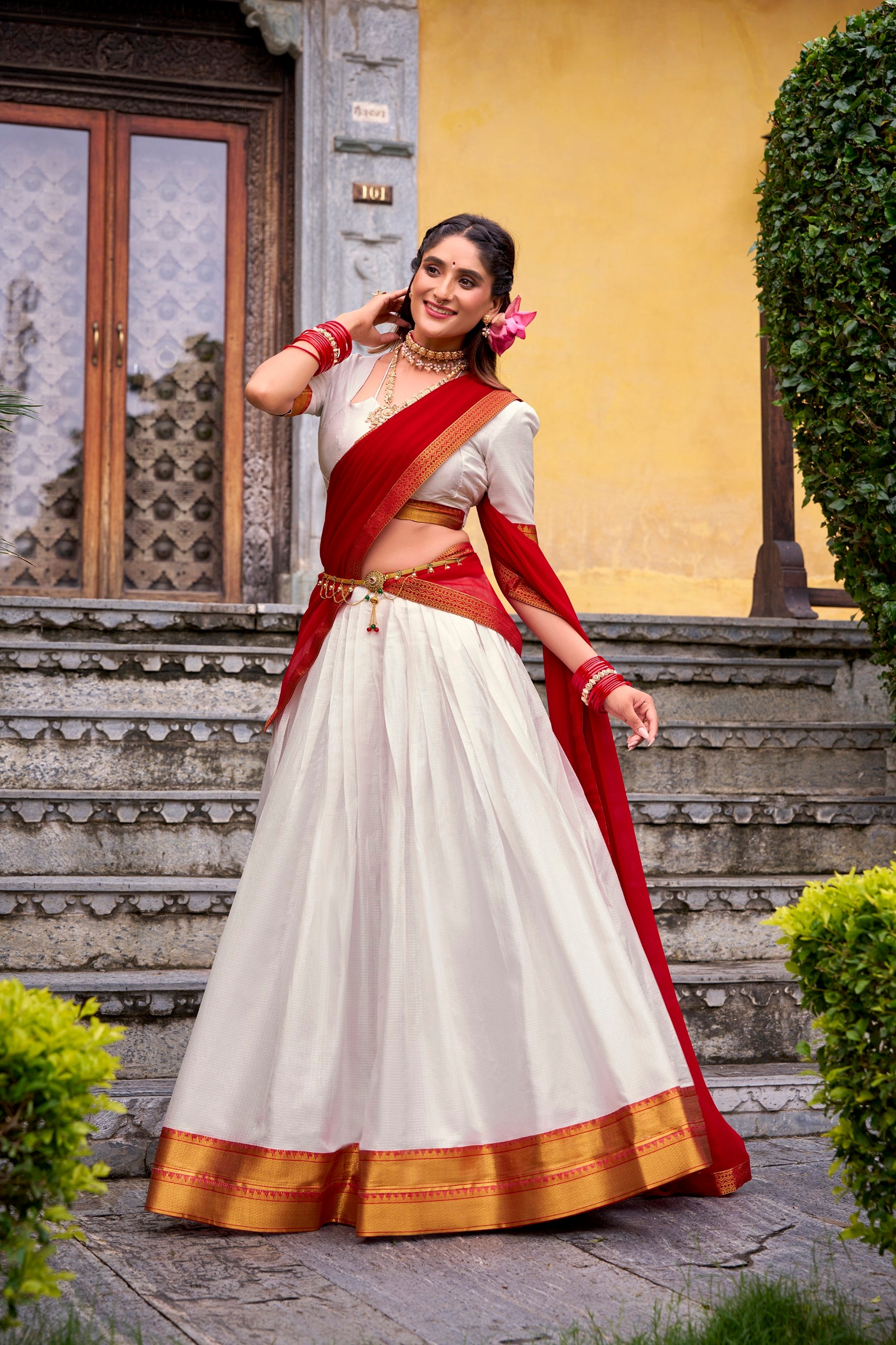Lorenvalley Fashion White Poly Cotton Zari Weaving Work Lehenga Choli with Dupatta
