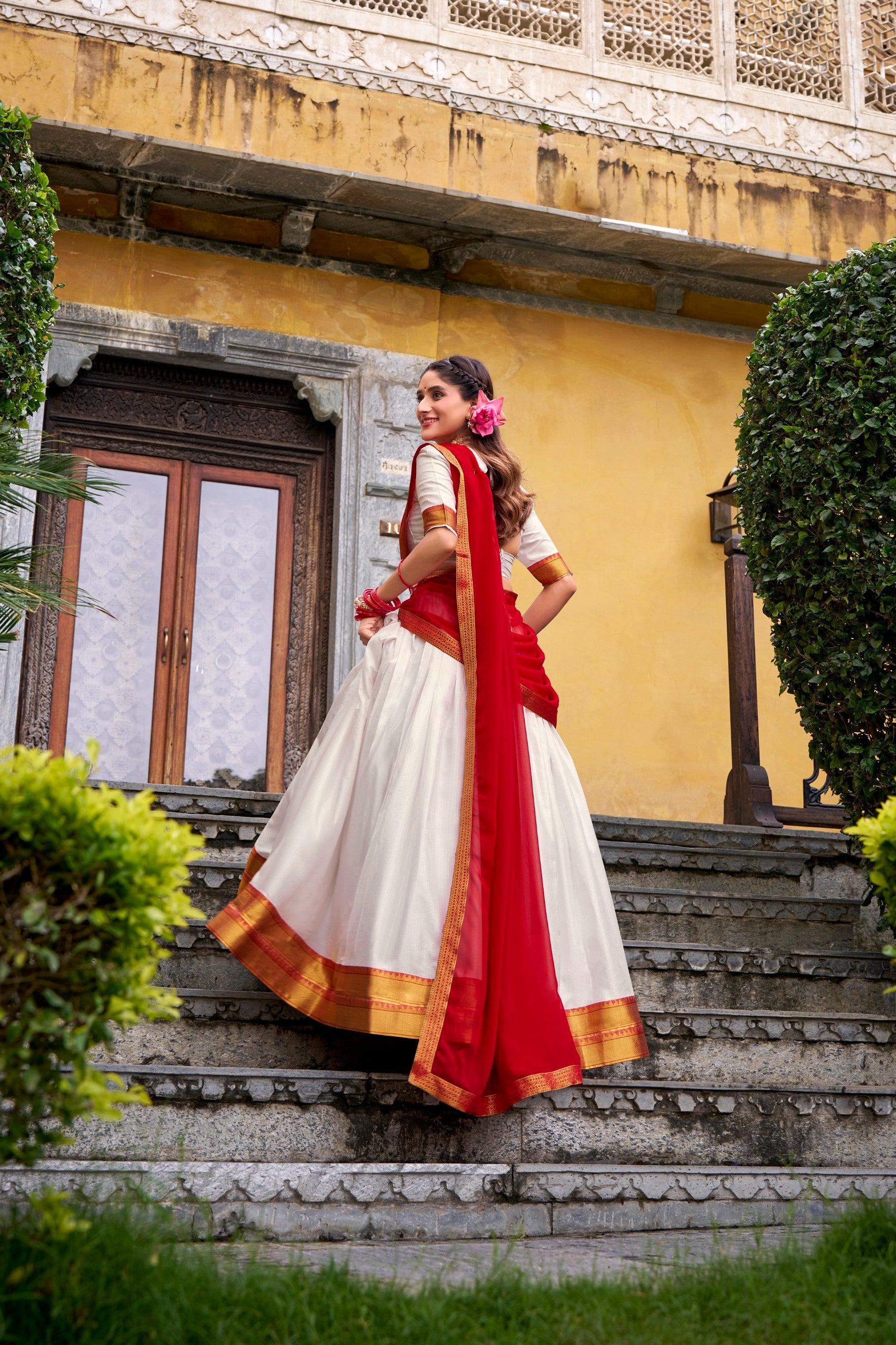 Lorenvalley Fashion White Poly Cotton Zari Weaving Work Lehenga Choli with Dupatta