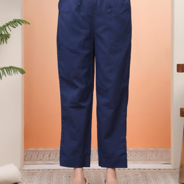 Vaasva Women Royal Blue Cotton Flax Solid Straight Pants