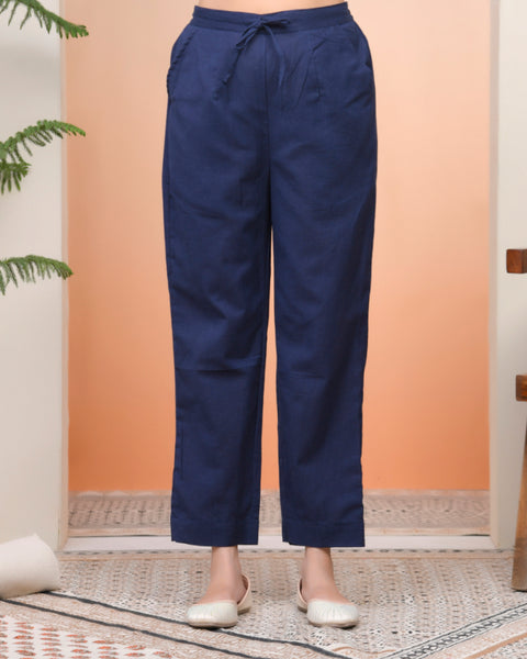 Vaasva Women Royal Blue Cotton Flax Solid Straight Pants