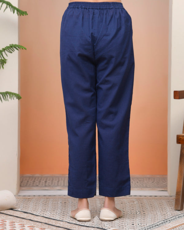 Vaasva Women Royal Blue Cotton Flax Solid Straight Pants